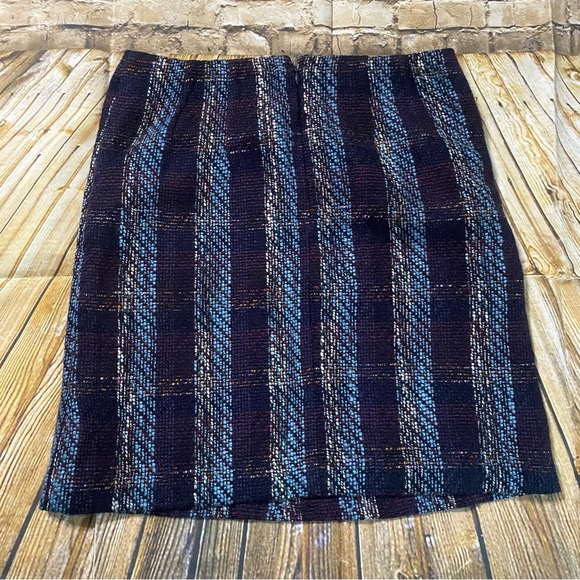 LOFT Blue Pink Red Plaid Tweed Wool Blend Pencil Skirt - Picture 3 of 5